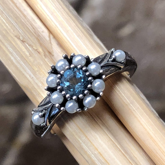 Natural 1ct London Blue Topaz, Pearl 925 Solid Sterling Silver Engagement Ring Size 6, 7, 8, 9 - Natural Rocks by Kala