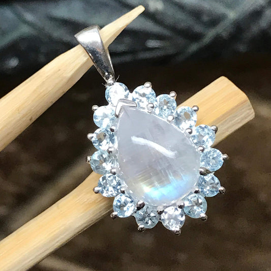 Natural Rainbow Moonstone, Blue Topaz 925 Solid Sterling Silver Pendant 28mm - Natural Rocks by Kala