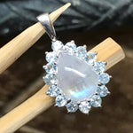 Natural Rainbow Moonstone, Blue Topaz 925 Solid Sterling Silver Pendant 28mm - Natural Rocks by Kala