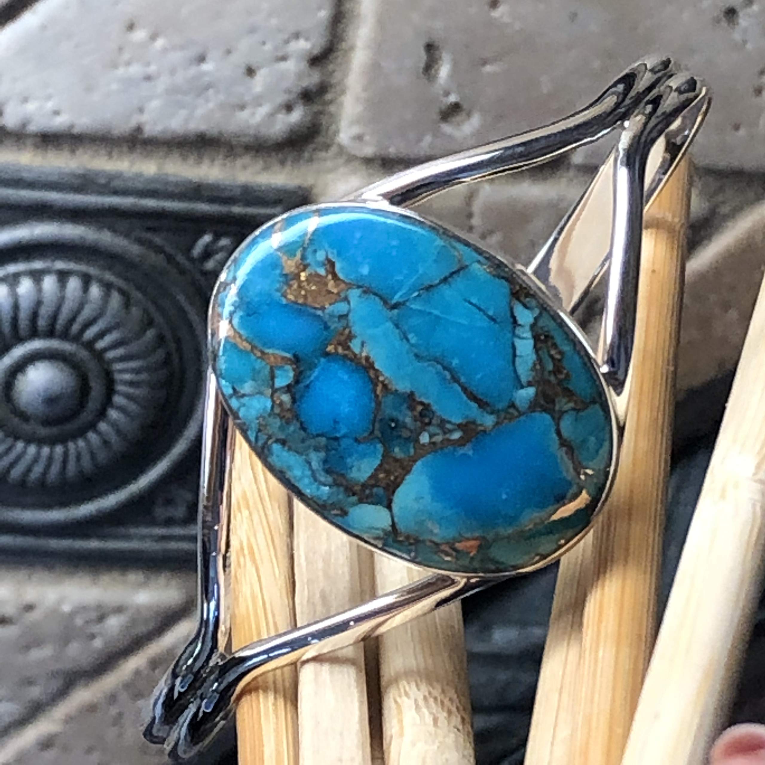 Gorgeous Blue Mohave Turquoise 925 Sterling Silver Bezel Setting Cuff Bracelet - Natural Rocks by Kala