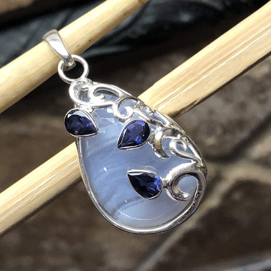 Natural Blue Lace Agate, Iolite 925 Sterling Silver Pendant 35mm - Natural Rocks by Kala