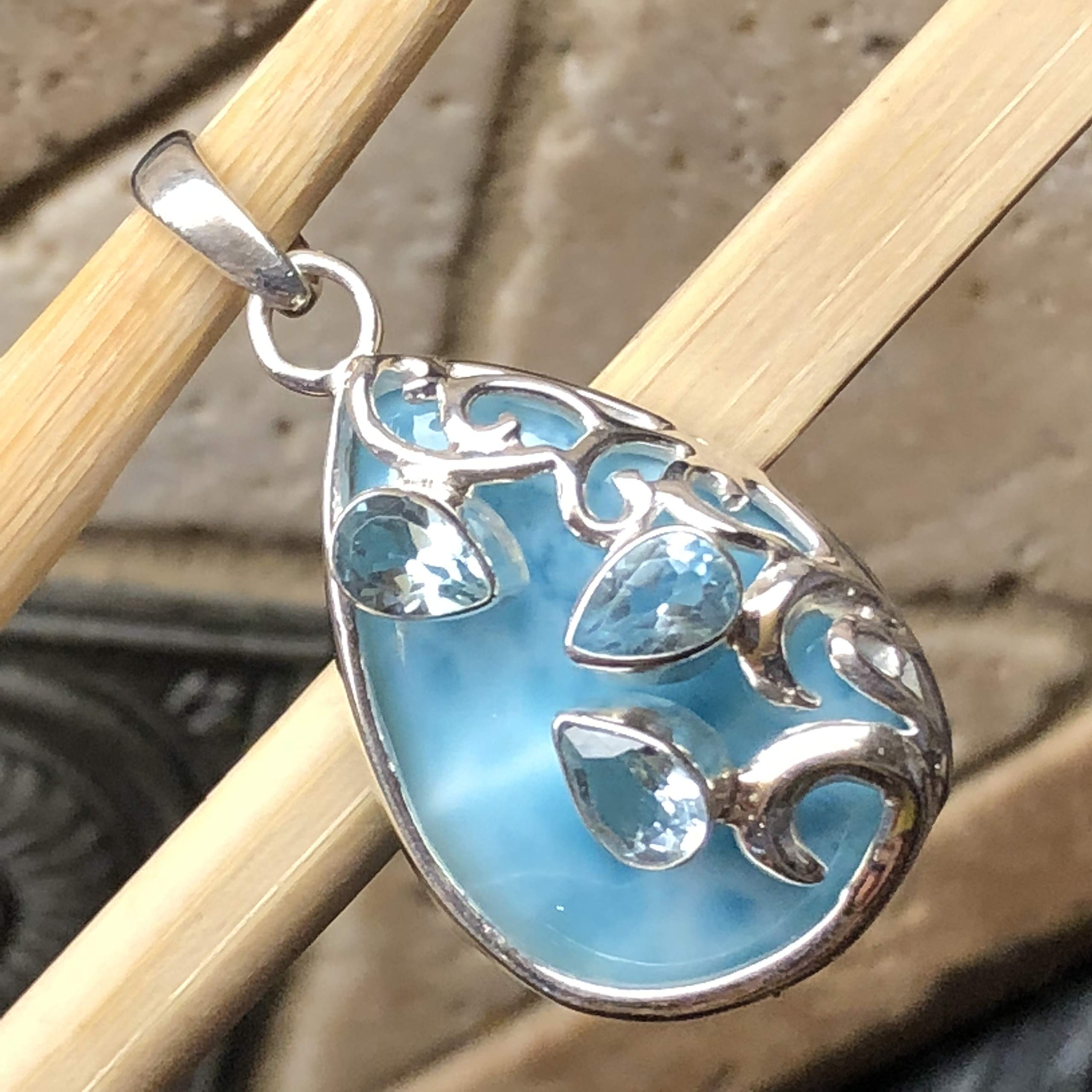Natural Dominican Larimar 2ct Blue Topaz 925 Solid Sterling Silver Pendant 35mm - Natural Rocks by Kala