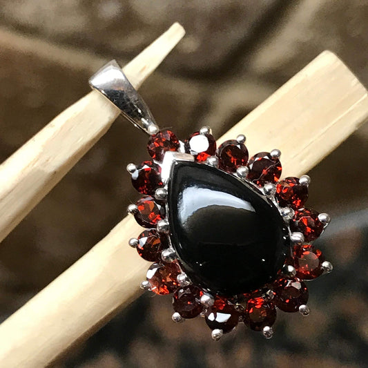 Natural 8ct Pyrope Garnet, Black Onyx 925 Solid Sterling Silver Pendant 27mm - Natural Rocks by Kala
