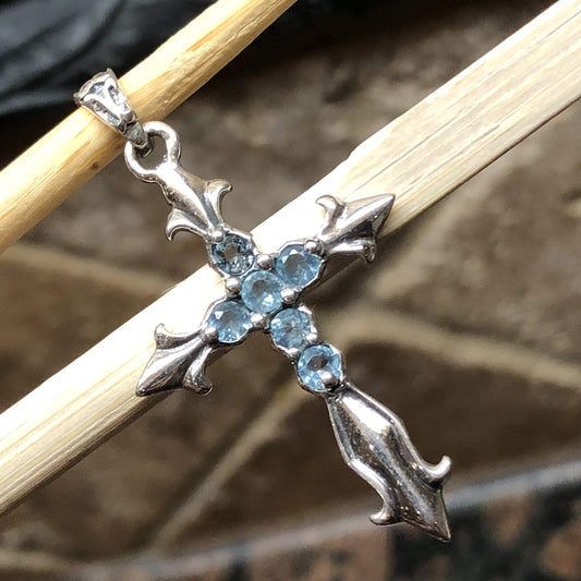 Natural Blue Topaz 925 Solid Sterling Silver Cross Pendant 40mm - Natural Rocks by Kala