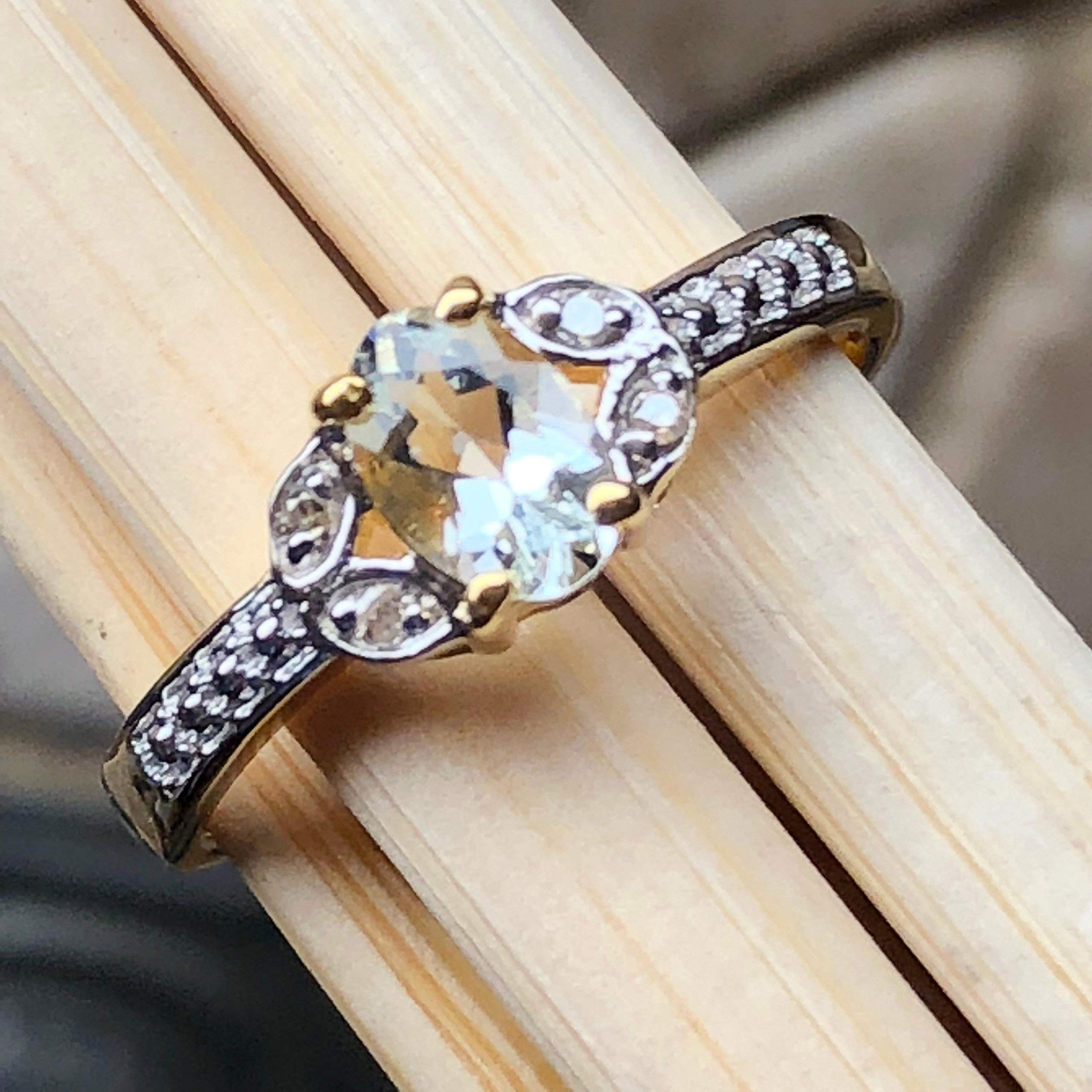 Natural Aquamarine, White Diamond 925 Solid Sterling Silver Engagement Ring Size 6, 8, 9 - Natural Rocks by Kala