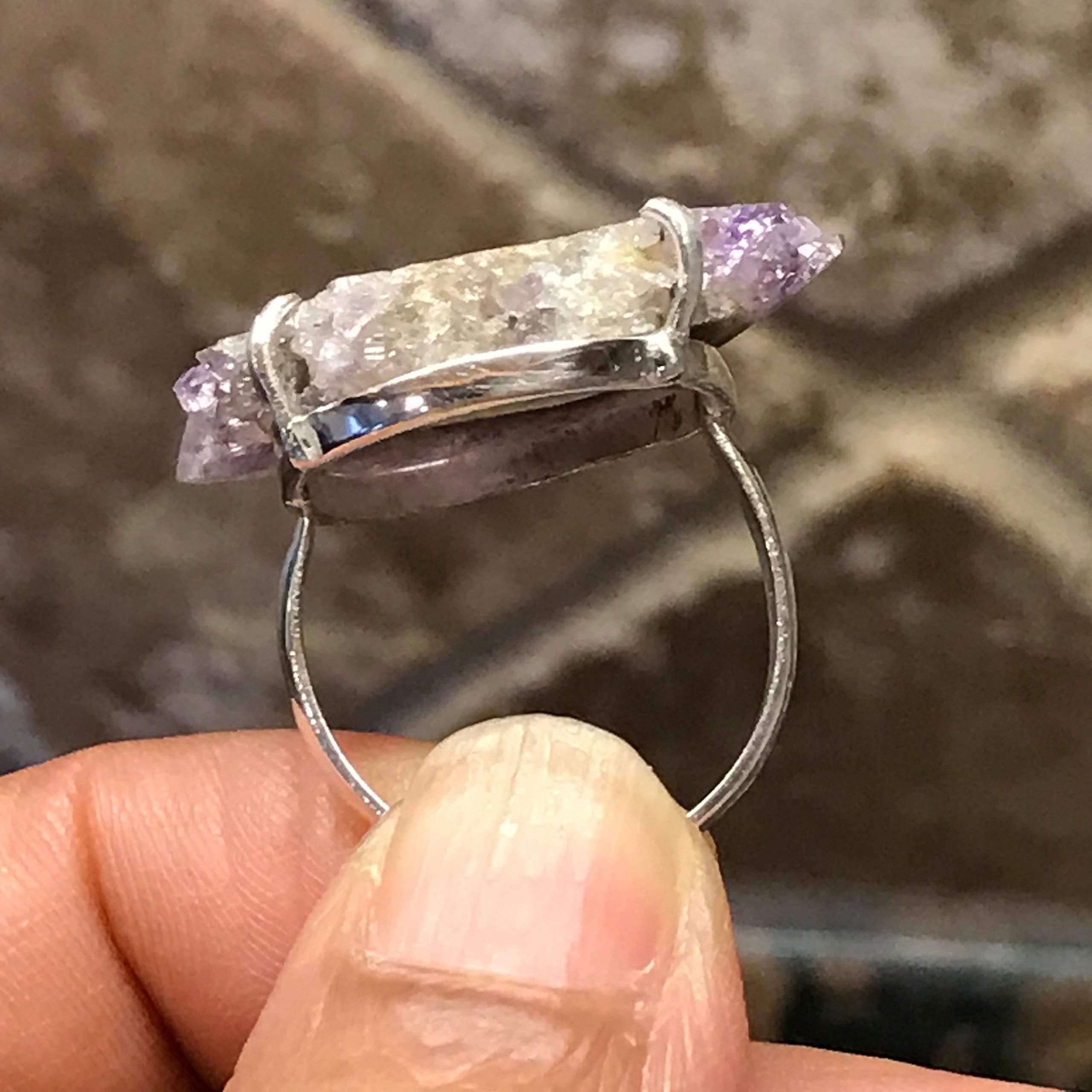 Genuine Amethyst Stalactites 925 Solid Sterling Silver Cluster Ring Size 6 - Natural Rocks by Kala