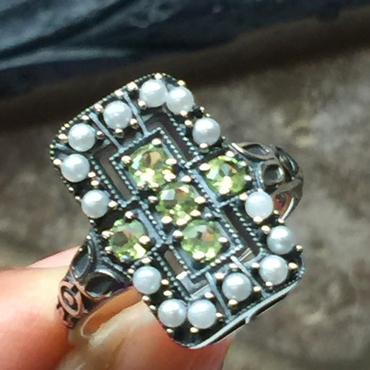 Natural Green Peridot, Pearl 925 Solid Sterling Silver Engagement Ring Size 6, 7, 8, 9 - Natural Rocks by Kala