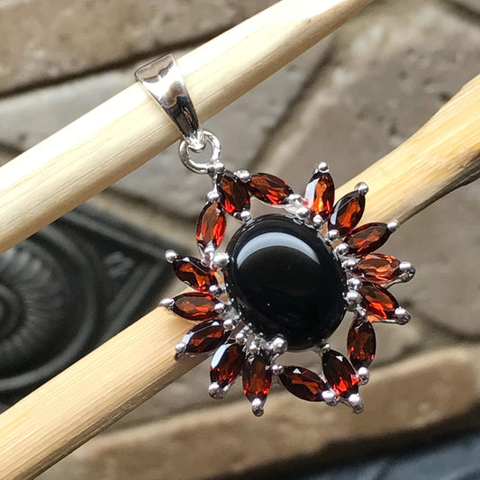 Natural 8ct Pyrope Garnet, Black Onyx 925 Solid Sterling Silver Pendant 32mm - Natural Rocks by Kala