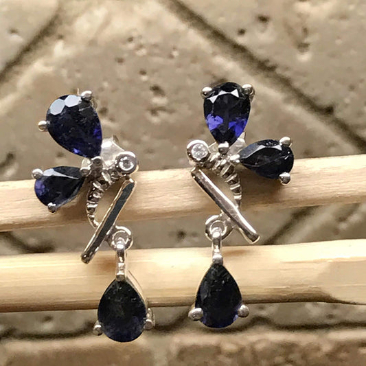 Genuine 4ct Iolite 925 Solid Sterling Silver Bee Earrings 25mm - Natural Rocks by Kala
