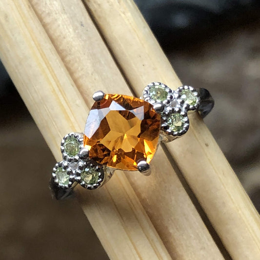 Natural 2ct Golden Citrine, Green Peridot 925 Solid Sterling Silver Wedding Ring Size 6, 7, 8, 9 - Natural Rocks by Kala