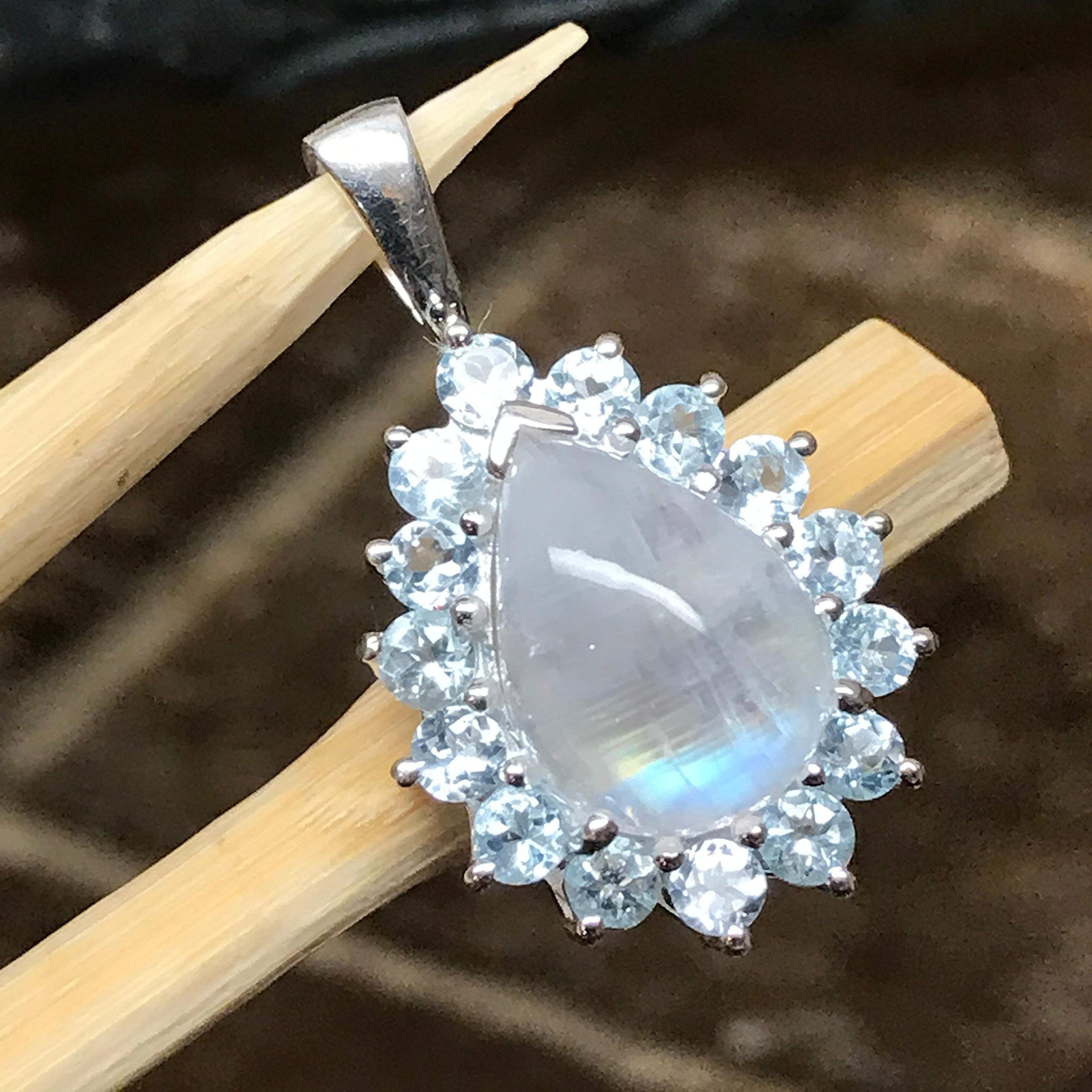 Natural Rainbow Moonstone, Blue Topaz 925 Solid Sterling Silver Pendant 28mm - Natural Rocks by Kala