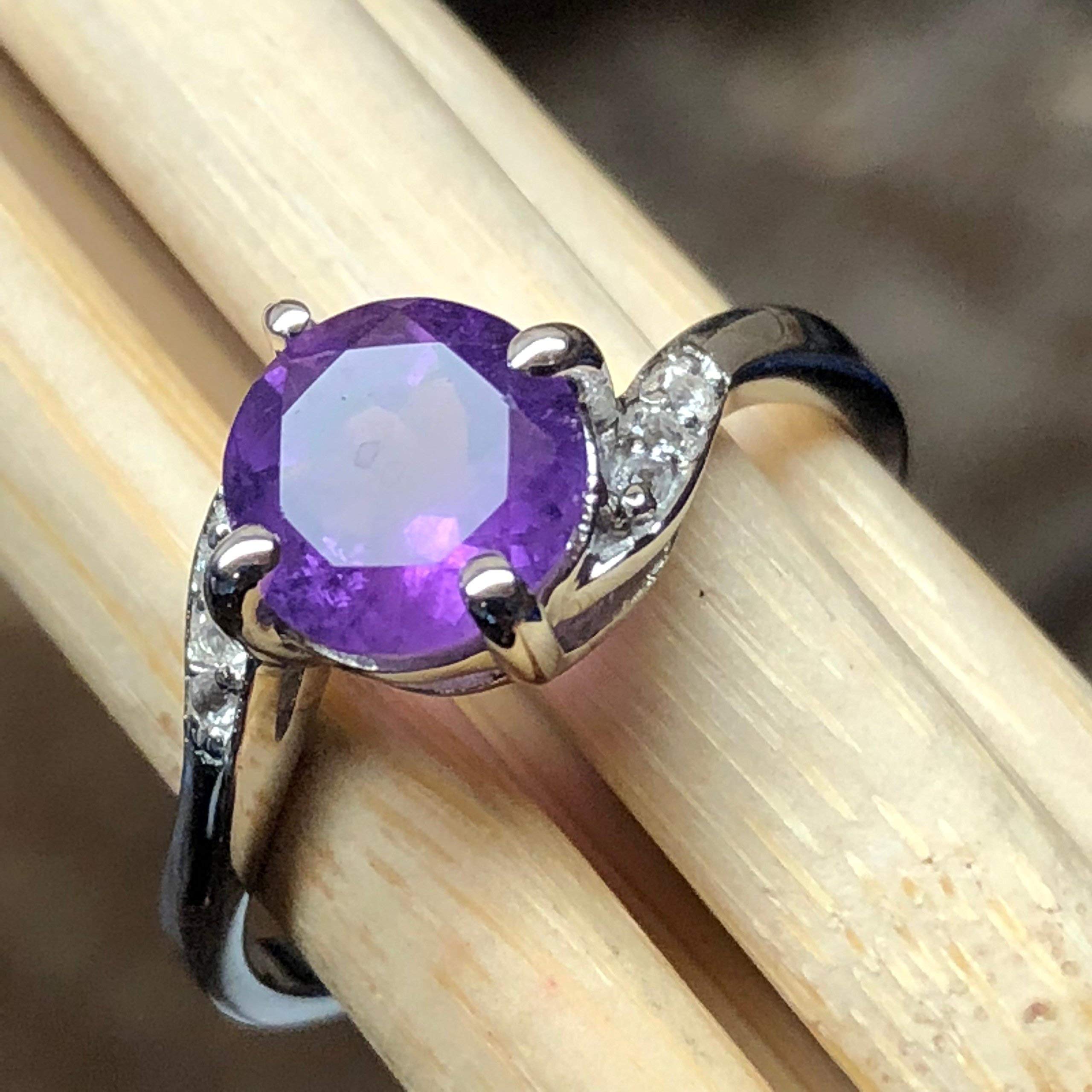 Natural 1ct Purple Amethyst, White Topaz 925 Solid Sterling Silver Engagement Ring Size 6, 7, 8 - Natural Rocks by Kala