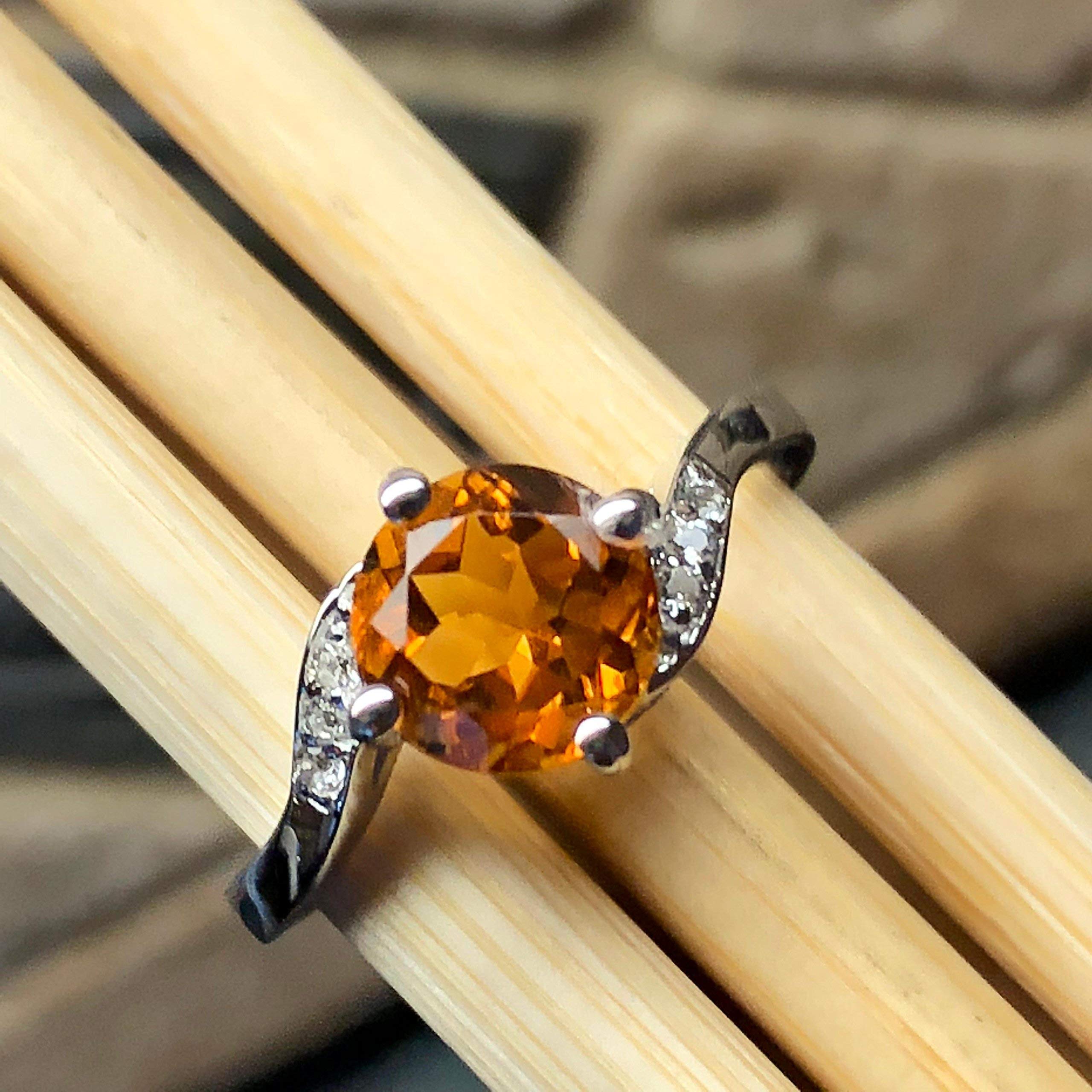 Natural 1ct Golden Citrine, White Topaz 925 Solid Sterling Silver Engagement Ring Size 5, 6, 7, 8, 9 - Natural Rocks by Kala