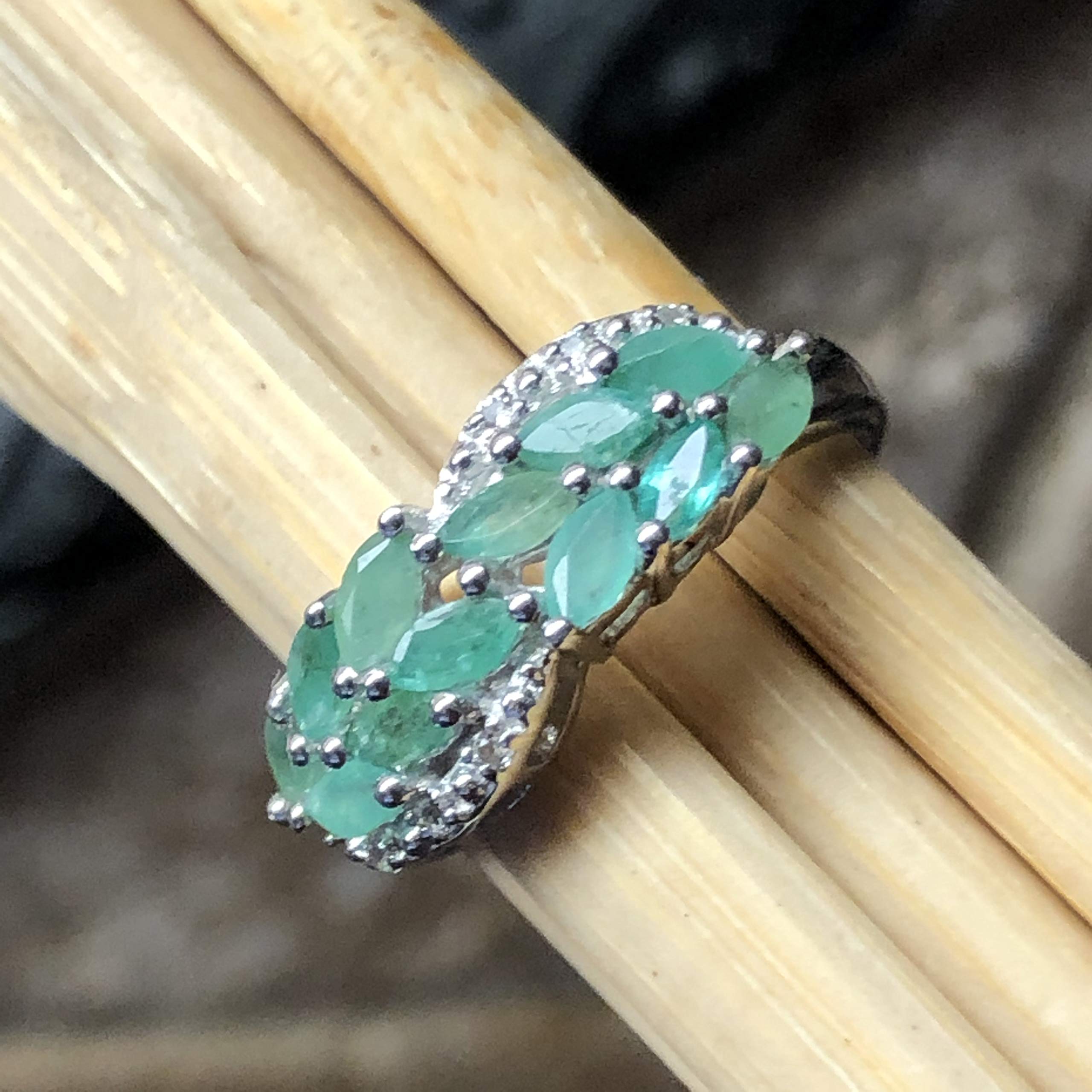 Natural Green Emerald, White Topaz 925 Solid Sterling silver Ring size 6, 7, 8, 9 - Natural Rocks by Kala