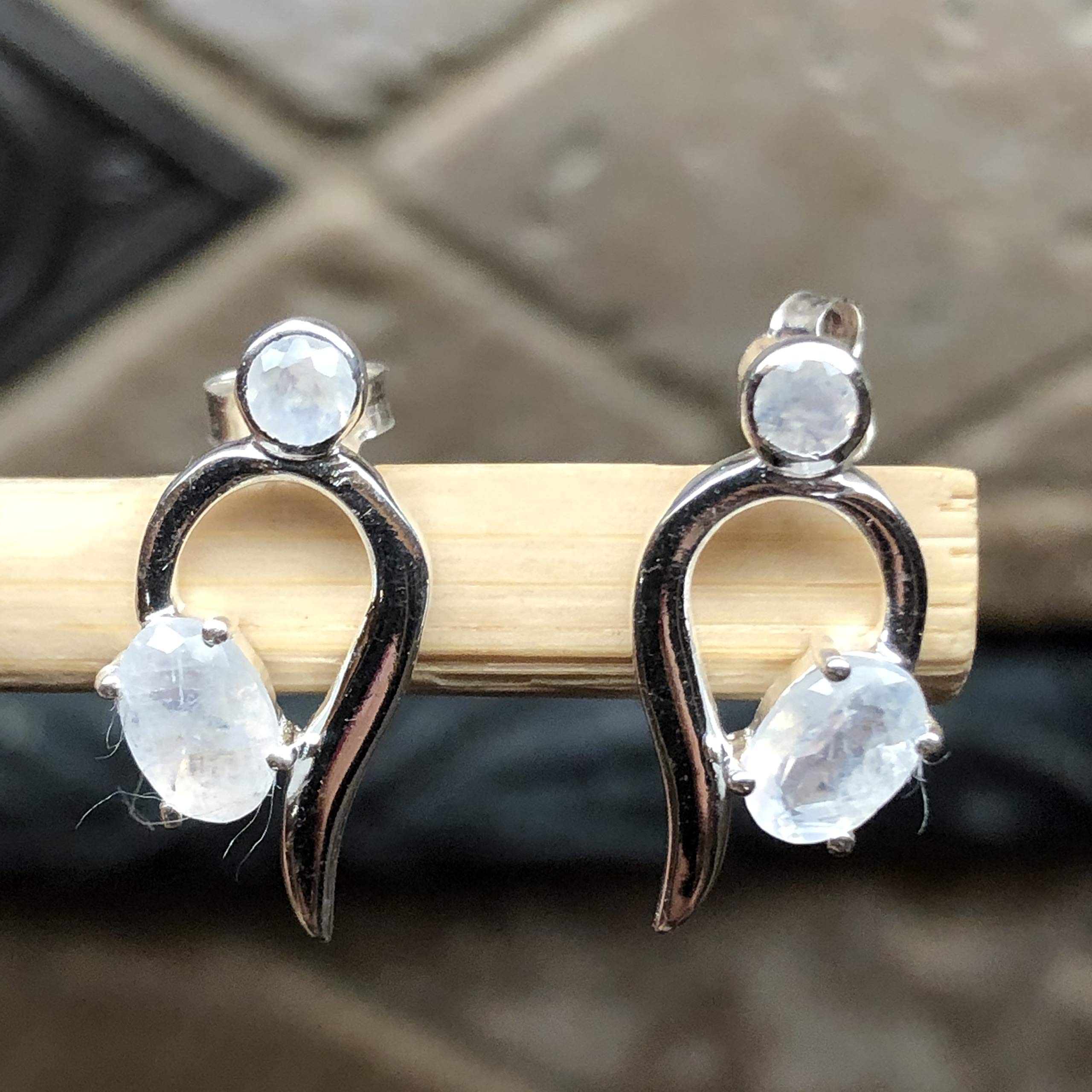 Natural Rainbow Moonstone 925 Solid Sterling Silver Earrings 18mm - Natural Rocks by Kala