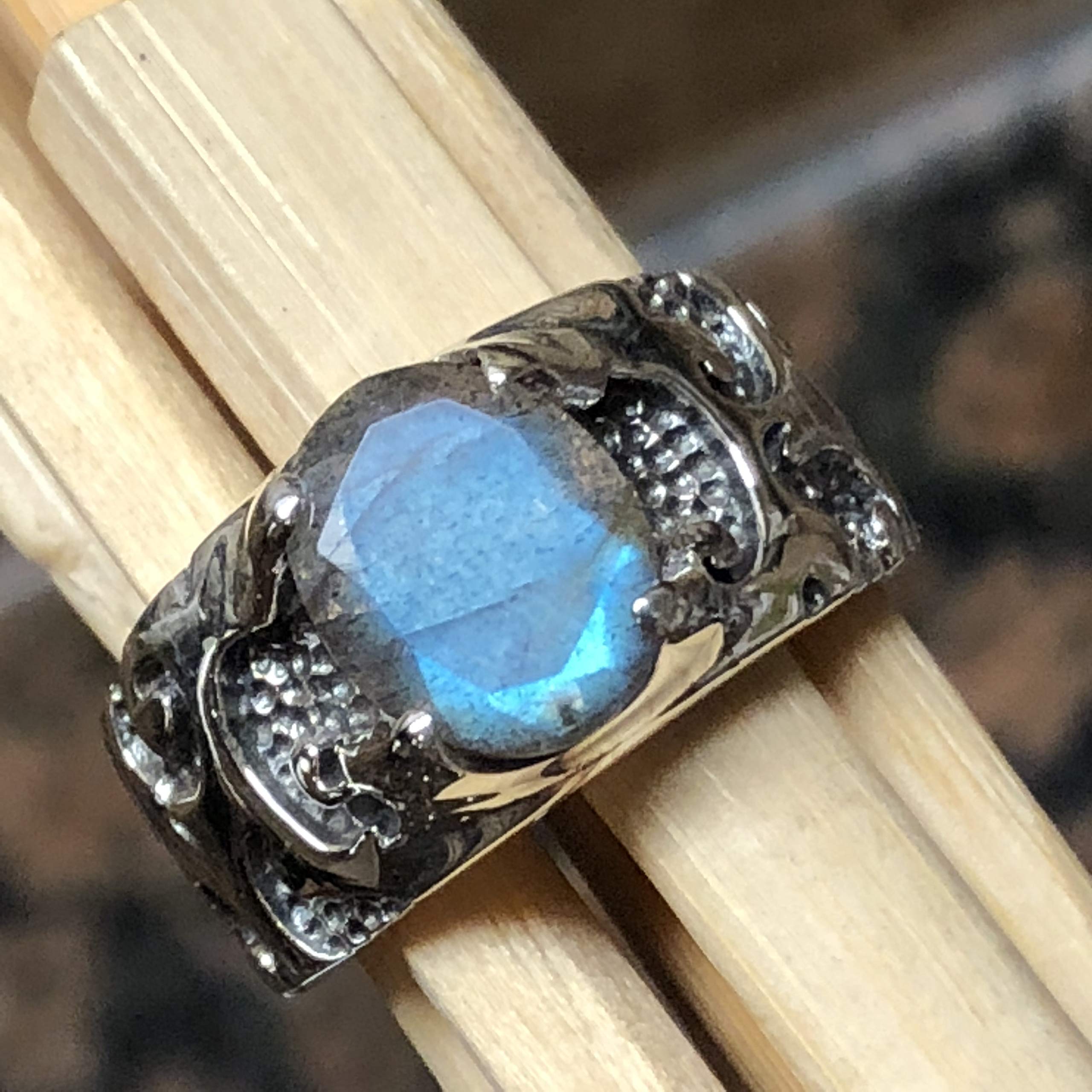 Natural Blue Labradorite 925 Solid Sterling Silver Unisex Ring Size 7, 8 - Natural Rocks by Kala