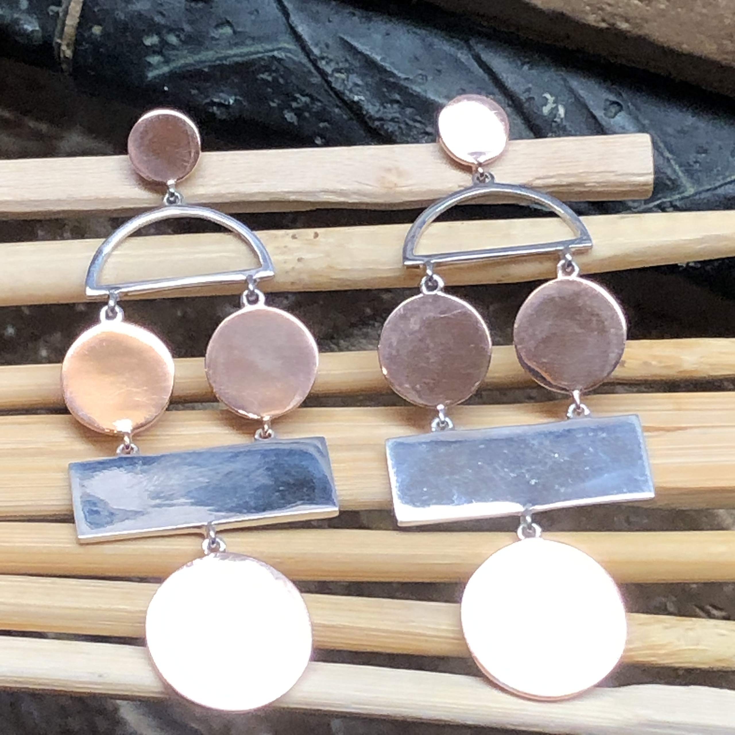 Designer Rose Gold 925 Solid Sterling Silver Earrings 60mm - Natural Rocks by Kala