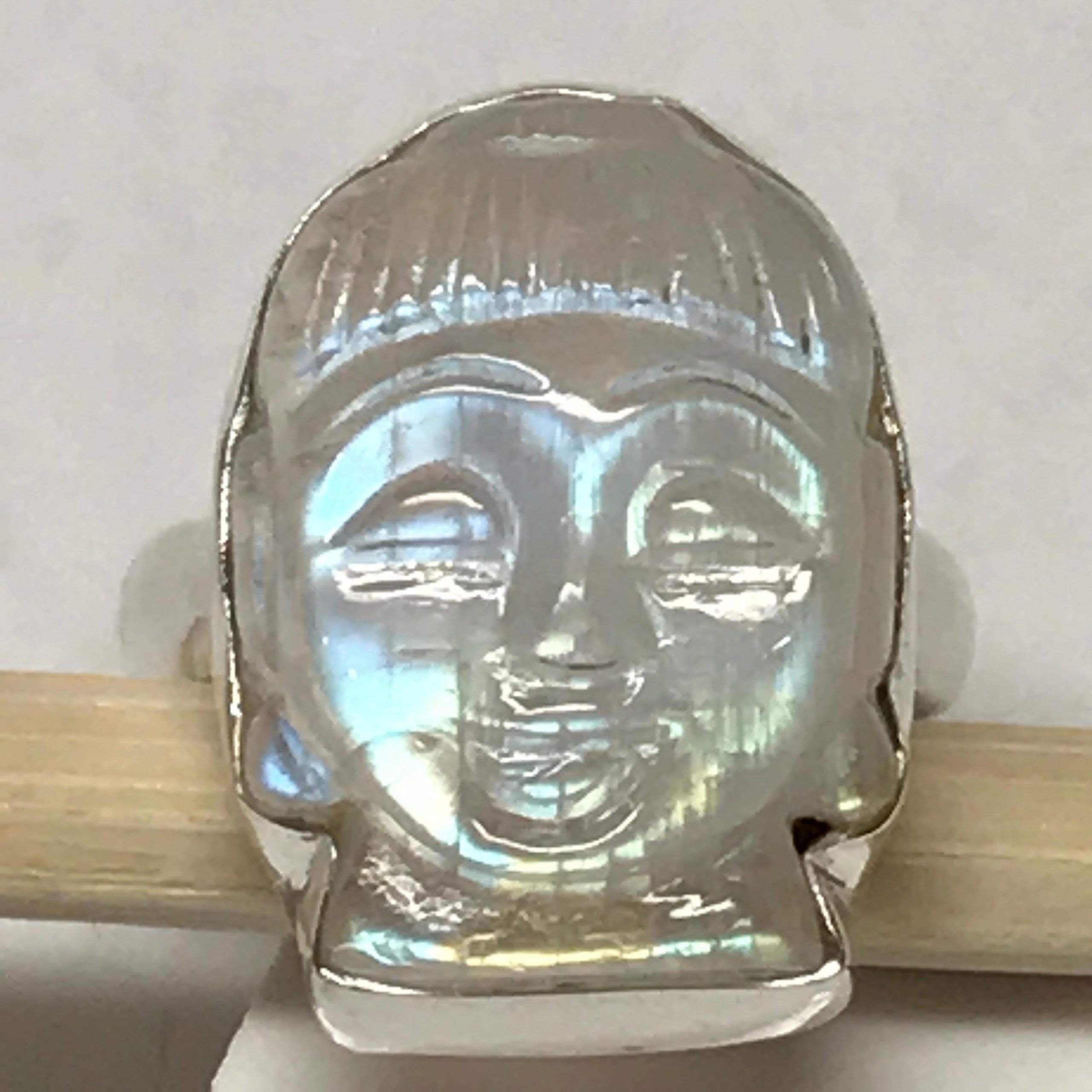Genuine Rainbow Moonstone 925 Sterling Silver Hand-carved Buddha Meditate Ring Size 5.5, 6.75 - Natural Rocks by Kala