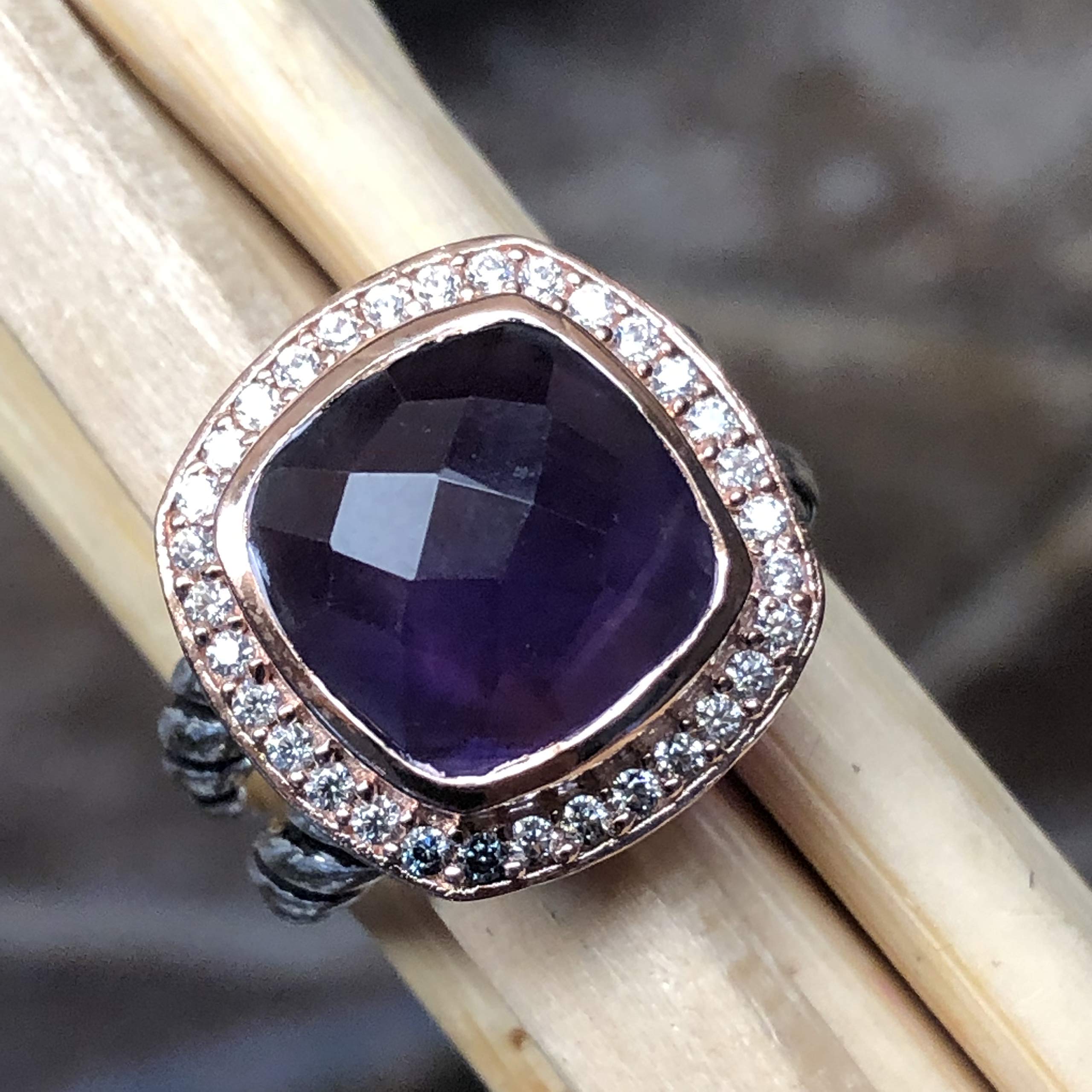 Natural 2.5ct Purple Amethyst 14k Rose Gold 925 Sterling Silver Ring Size 6, 7, 8, 9 - Natural Rocks by Kala