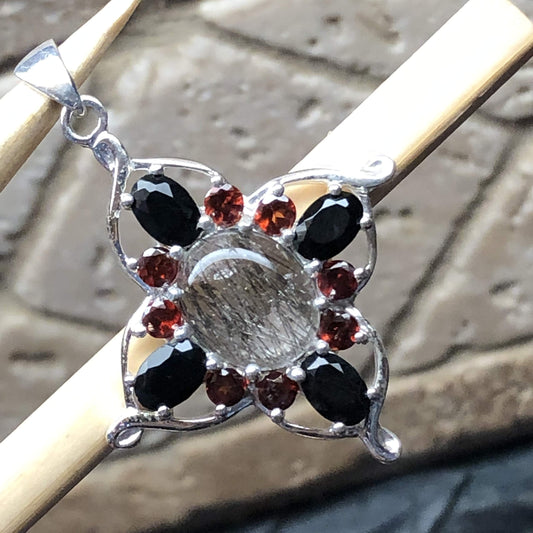 Natural Pyrope Garnet, Black Onyx, Black Rutilated Quartz 925 Solid Sterling Silver Pendant 35mm - Natural Rocks by Kala