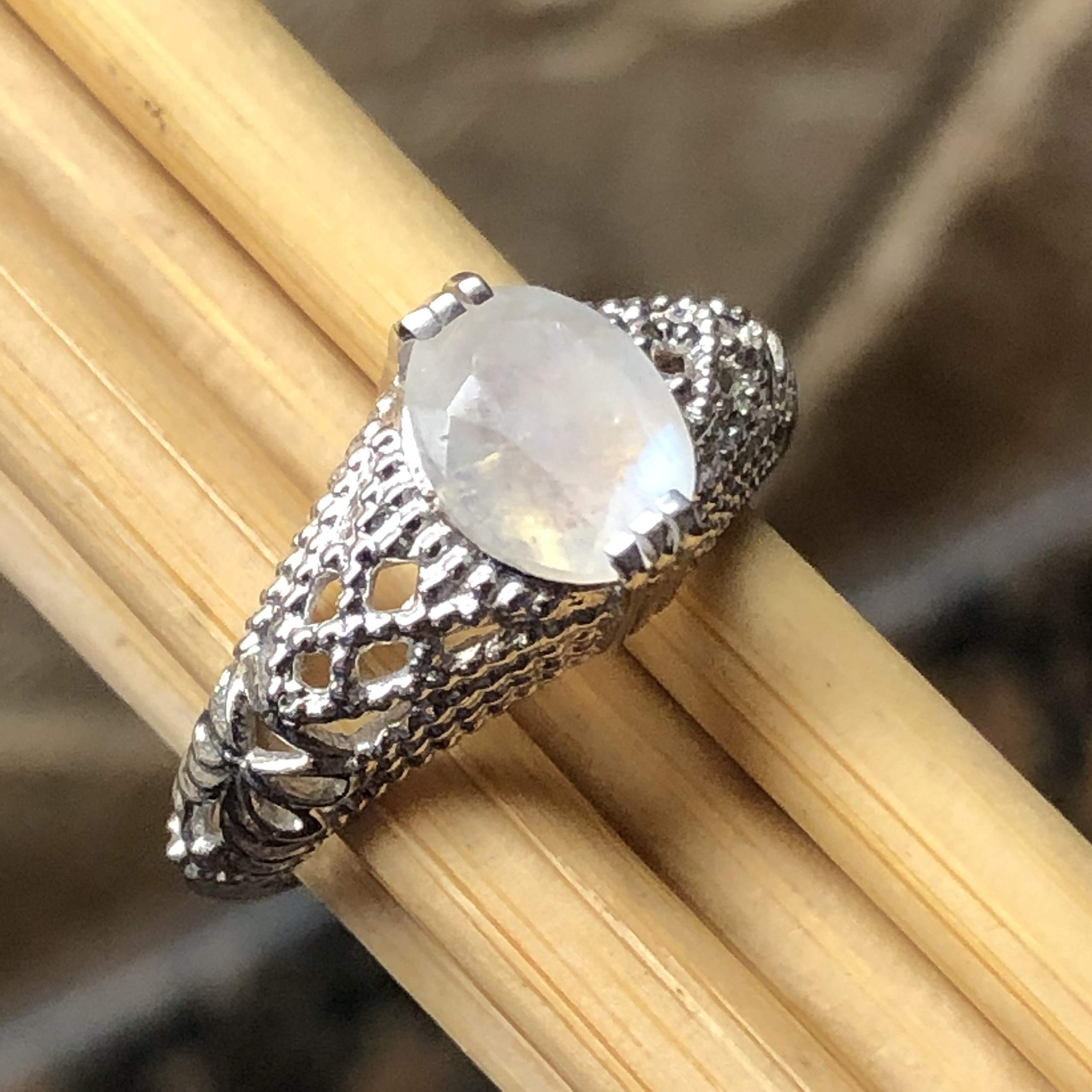Natural Rainbow Moonstone 925 Solid Sterling Silver Engagement Ring Size 6, 8, 9 - Natural Rocks by Kala