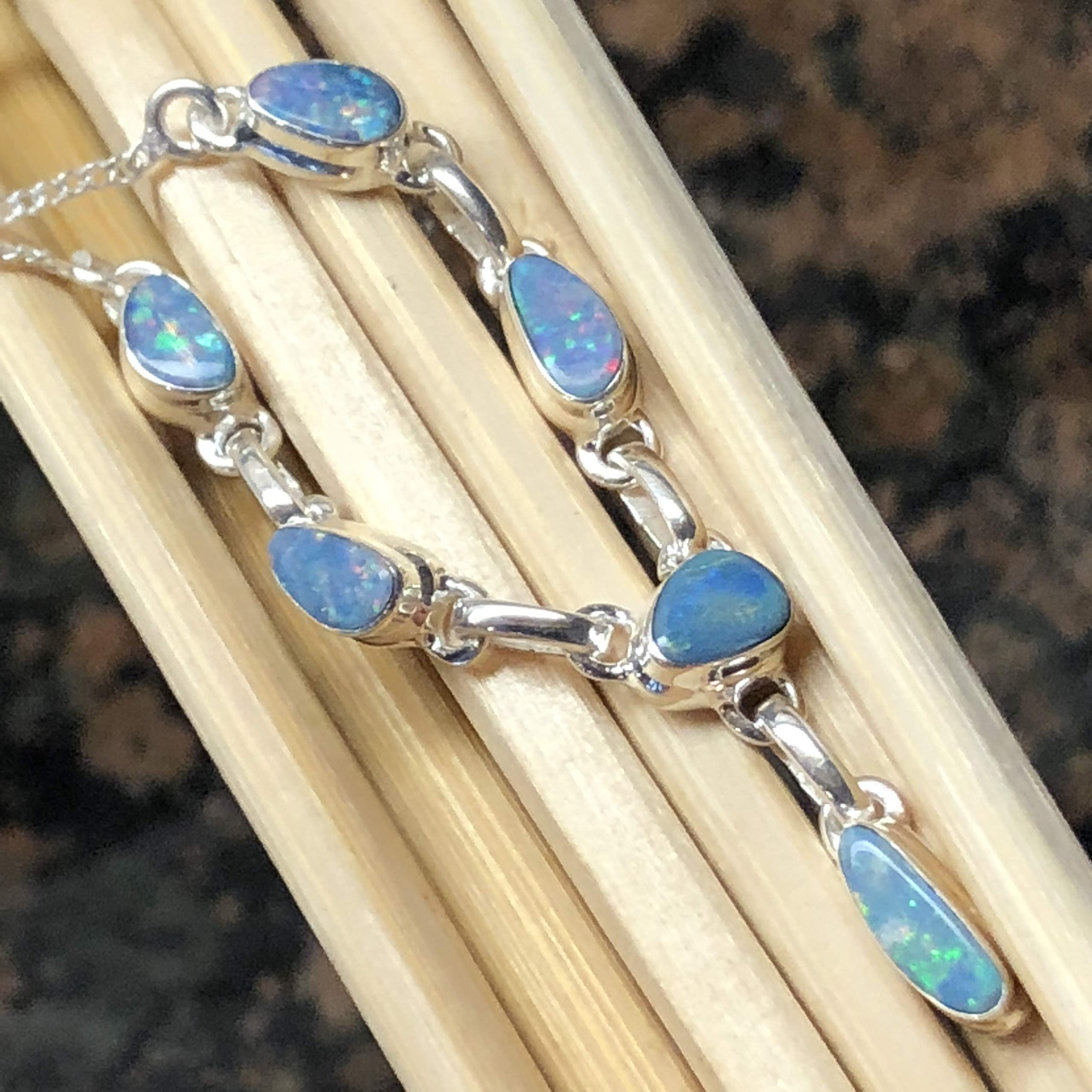 Genuine Australian Blue and Green Opal 925 Solid Sterling Silver Necklace 17" inches - Natural Rocks by Kala