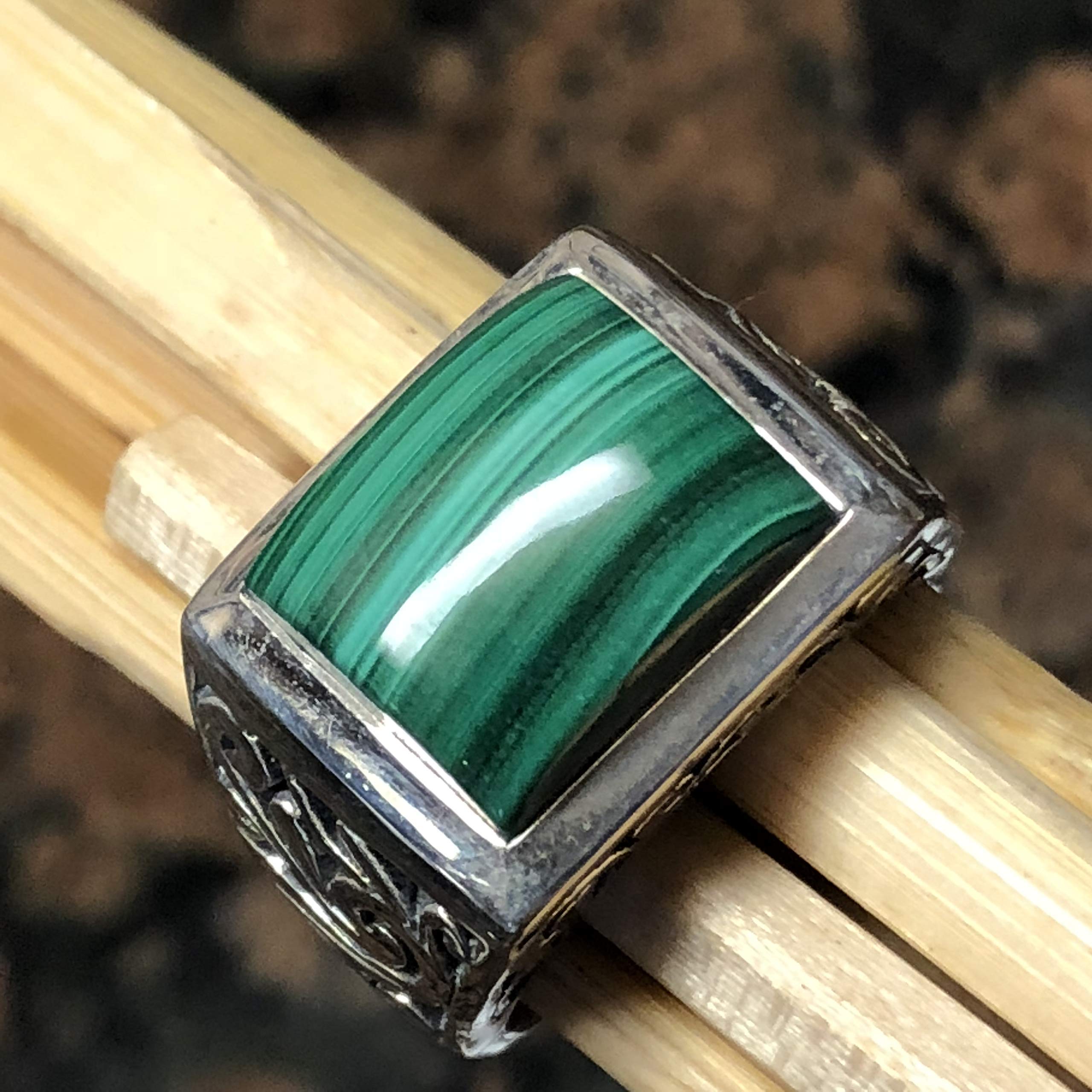 Natural Green Malachite 925 Solid Sterling Silver Men's Ring Size 10, 11 - Natural Rocks by Kala