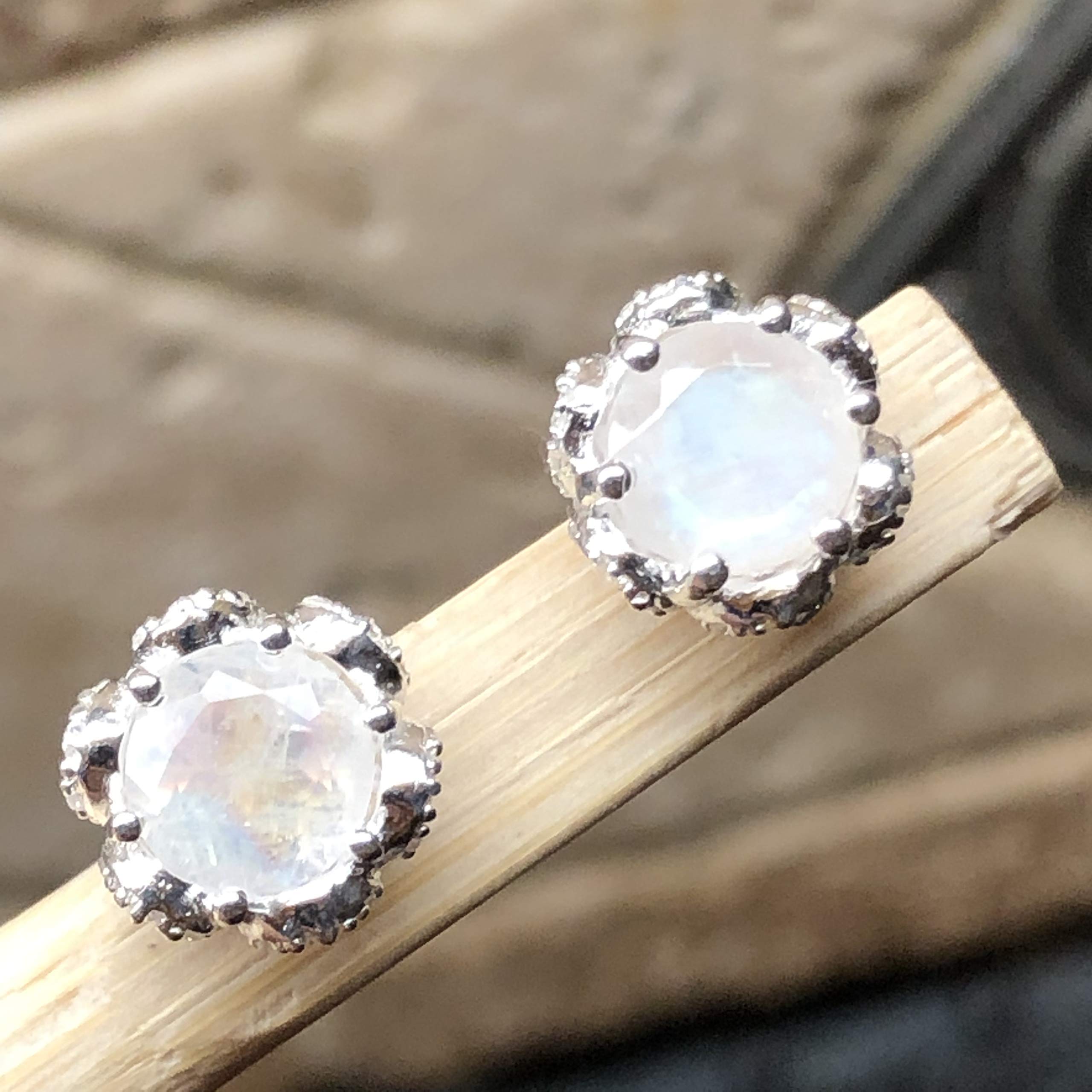 Natural Rainbow Moonstone 925 Solid Sterling Silver Earrings 7mm - Natural Rocks by Kala