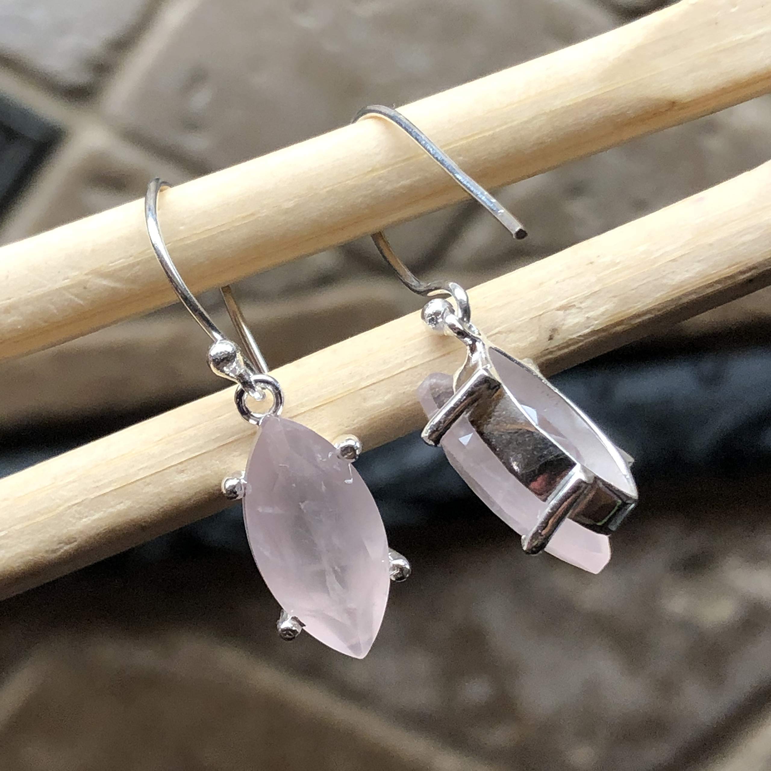 Natural 2ct Pink Rose Quartz 925 Solid Sterling Silver Earrings 25mm - Natural Rocks by Kala