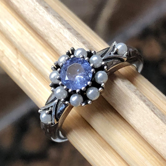 Natural Blue Tanzanite, Pearl 925 Solid Sterling Silver Engagement Ring Size 6, 7, 8, 9 - Natural Rocks by Kala