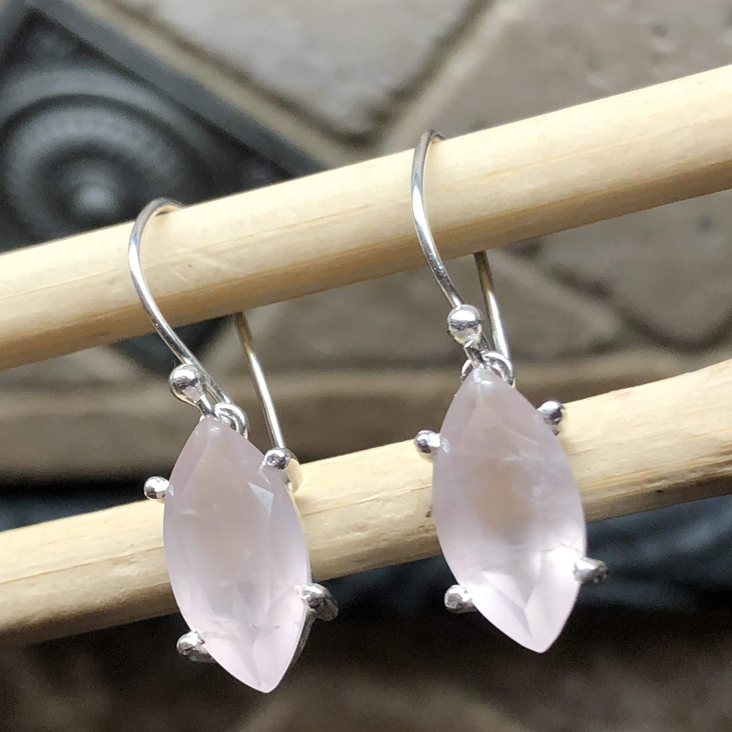 Natural 2ct Pink Rose Quartz 925 Solid Sterling Silver Earrings 25mm - Natural Rocks by Kala