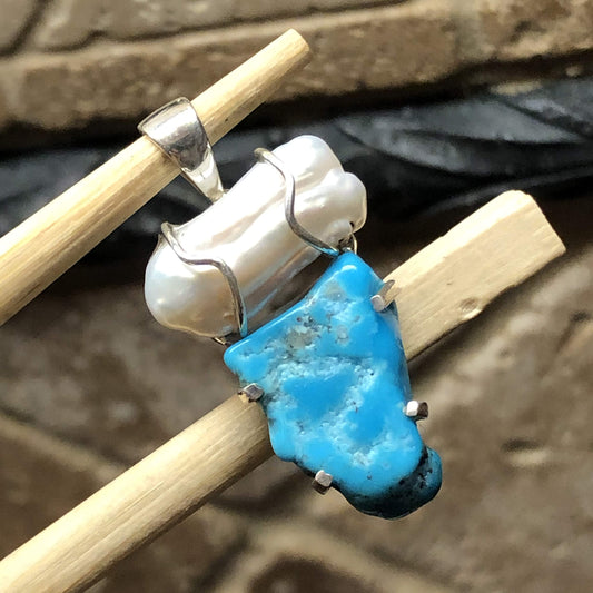 Natural Sleeping Beauty Turquoise, Mother of Pearl 925 Solid Sterling Silver Pendant 35m - Natural Rocks by Kala