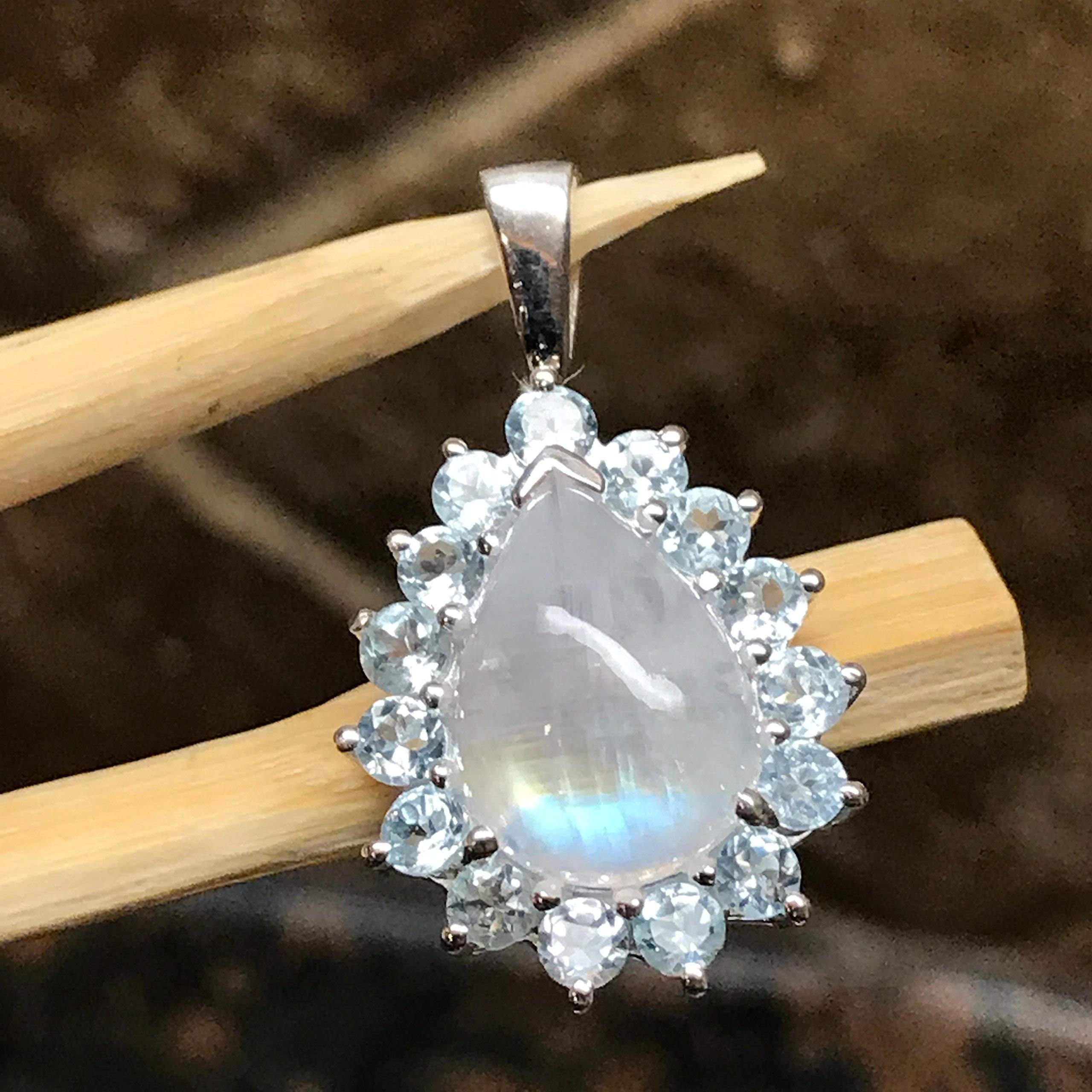 Natural Rainbow Moonstone, Blue Topaz 925 Solid Sterling Silver Pendant 28mm - Natural Rocks by Kala