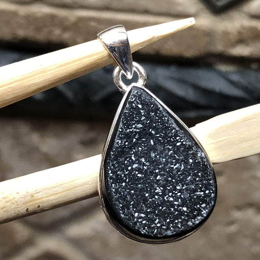 Natural Cluster Black Druzy 925 Solid Sterling Silver Unisex Pendant 30mm - Natural Rocks by Kala