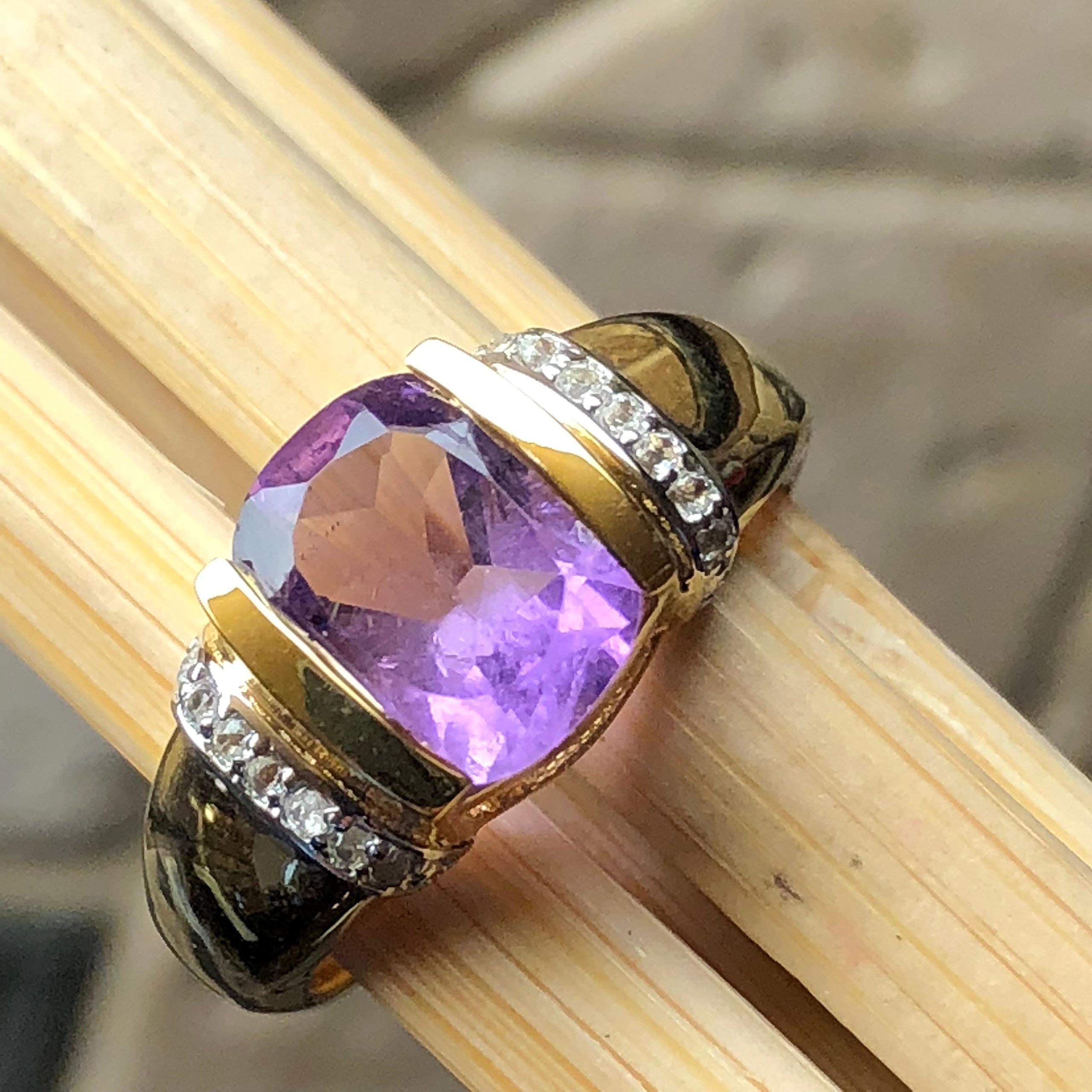 Natural 2ct Purple Amethyst, White Topaz 14k Gold Over Silver Ring Size 6, 7, 8, 9 - Natural Rocks by Kala