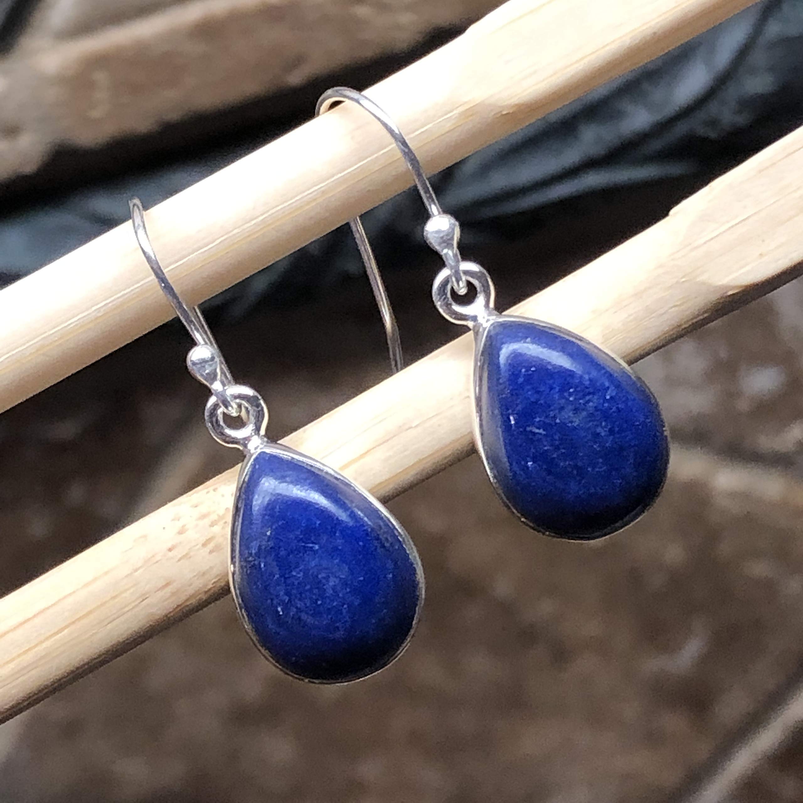 Natural Lapis Lazuli 925 Solid Sterling Silver Earrings 25mm - Natural Rocks by Kala