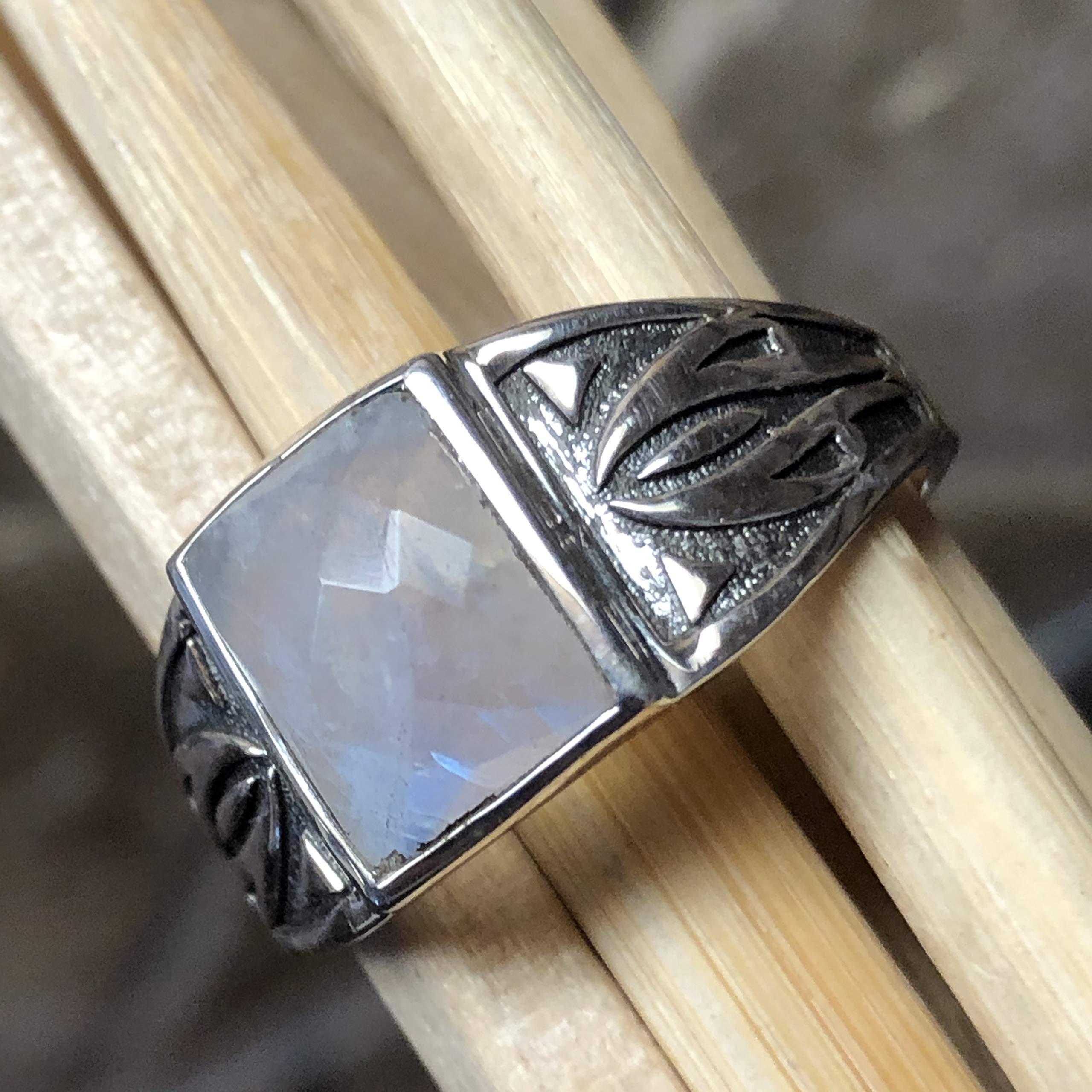 Natural Rainbow Moonstone 925 Solid Sterling Silver Men's Ring Size 7, 8, 9, 10, 11, 12 - Natural Rocks by Kala