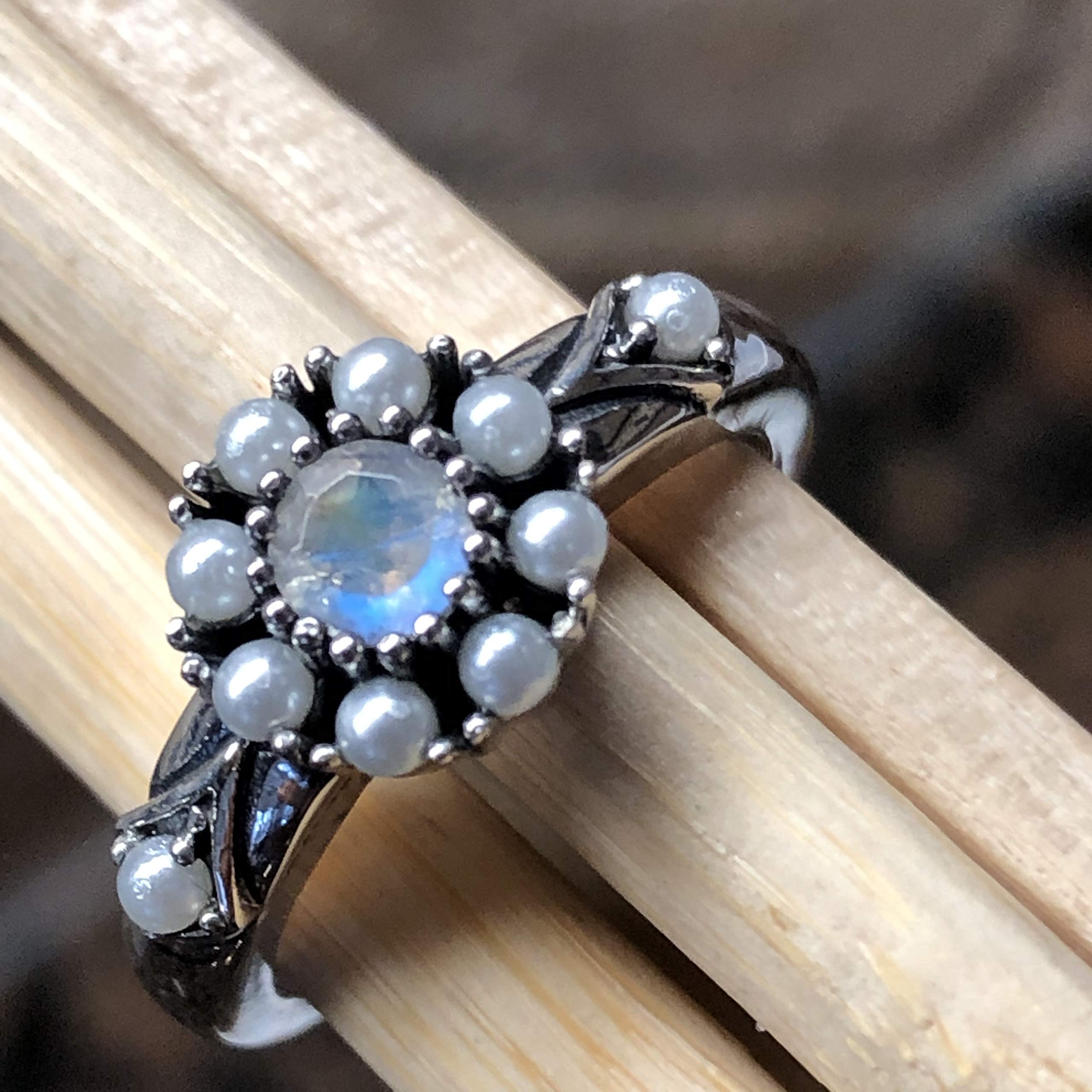 Natural Rainbow Moonstone, Pearl 925 Sterling Silver Engagement Ring Size 6, 7, 8, 9 - Natural Rocks by Kala