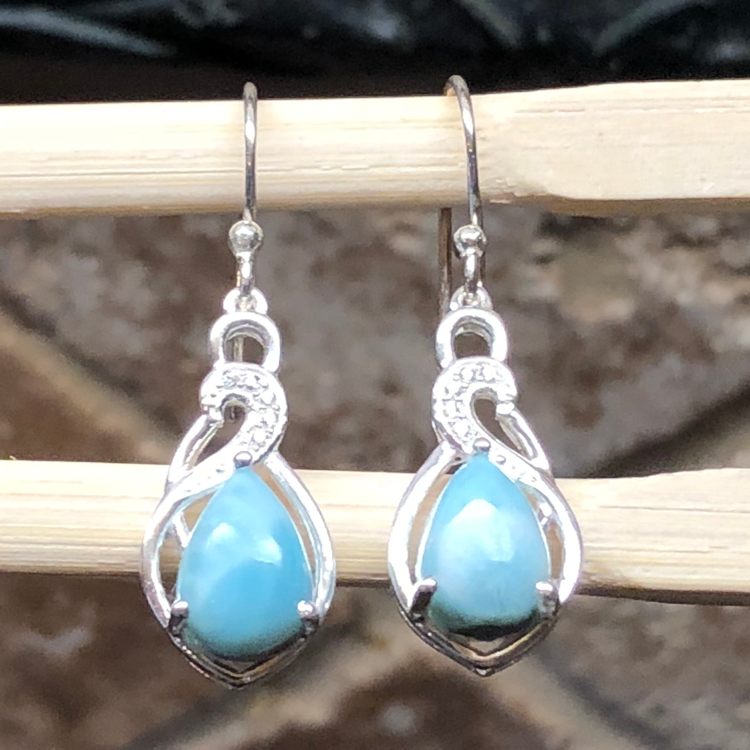 Natural Dominican Larimar 925 Solid Sterling Silver Earrings 30mm - Natural Rocks by Kala
