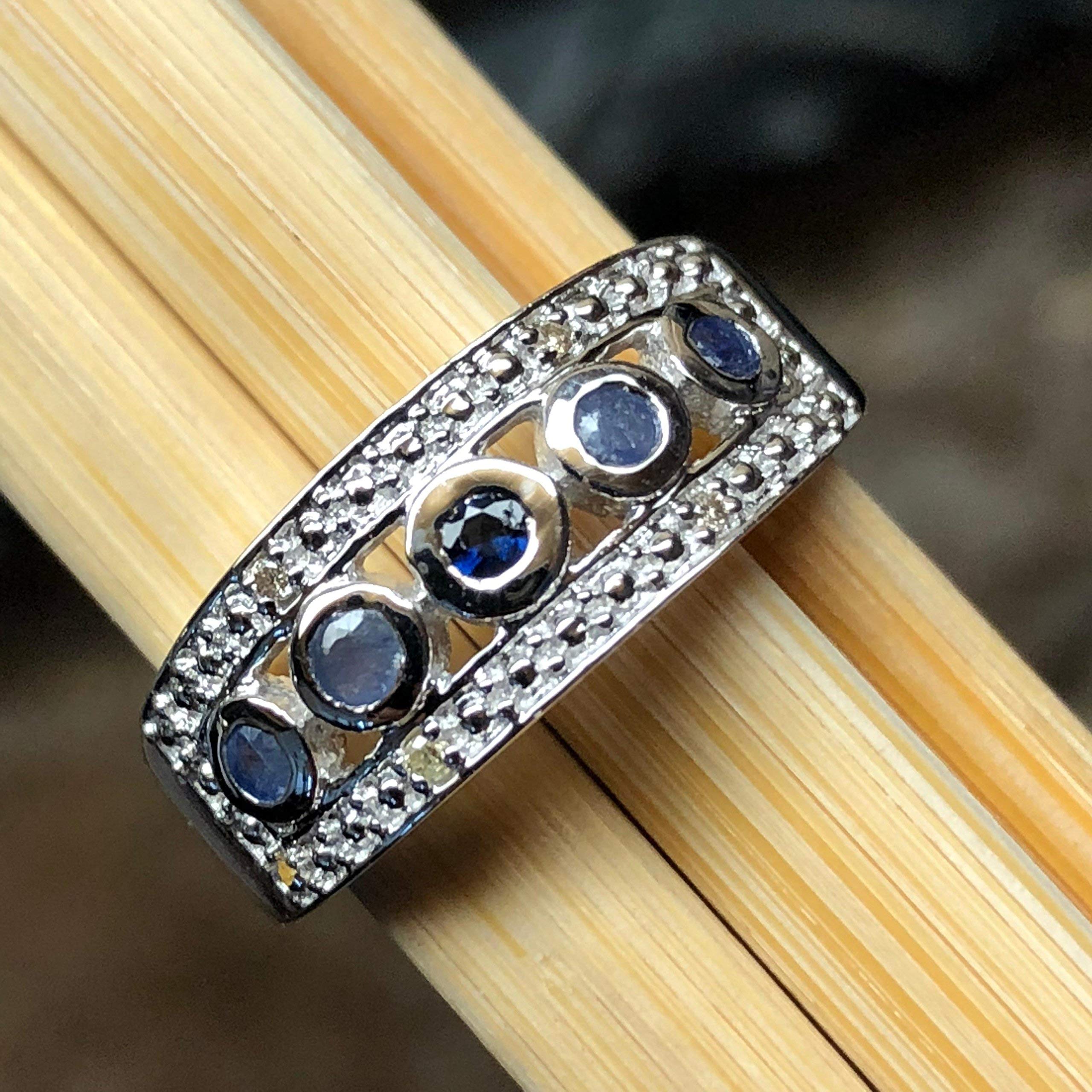 Natural Blue Sapphire, White Diamond 925 Solid Sterling Silver Unisex Ring Size 6, 7, 8, 9 - Natural Rocks by Kala