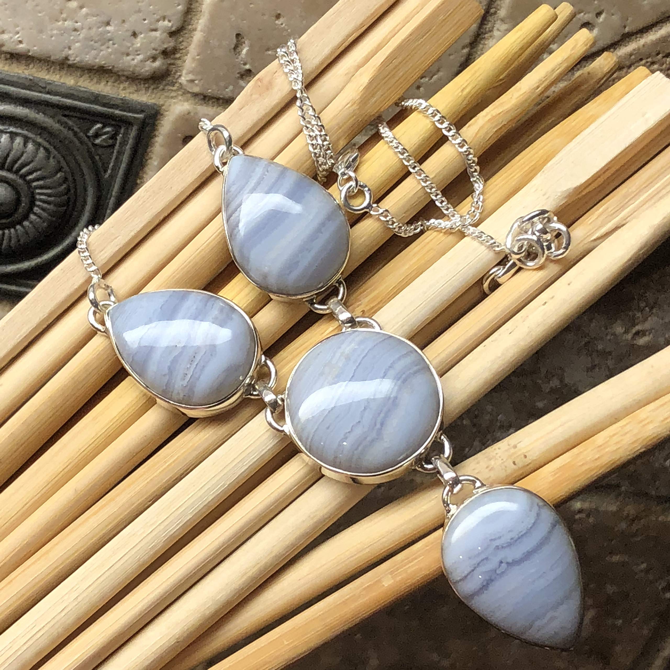 Natural Blue Lace Agate 925 Sterling Silver Necklace 17 1/2" - Natural Rocks by Kala