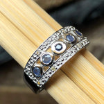Natural Blue Sapphire, White Diamond 925 Solid Sterling Silver Unisex Ring Size 6, 7, 8, 9 - Natural Rocks by Kala