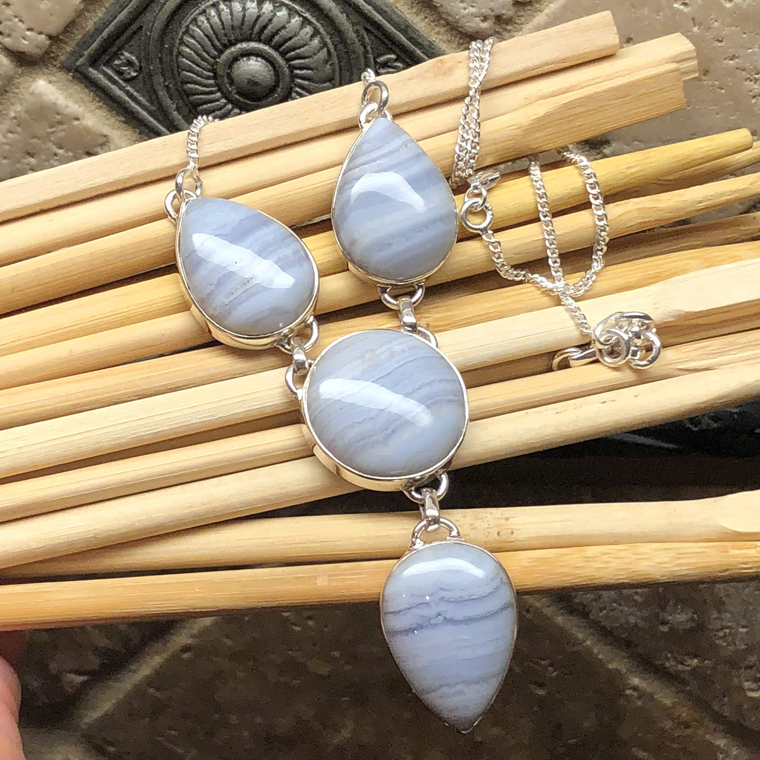 Natural Blue Lace Agate 925 Sterling Silver Necklace 17 1/2" - Natural Rocks by Kala