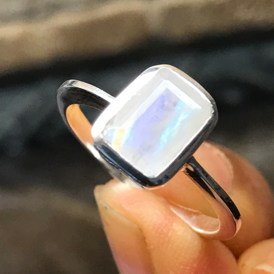 Natural Rainbow Moonstone 925 Solid Sterling Silver Engagement Ring Size 6, 7, 8, 9 - Natural Rocks by Kala