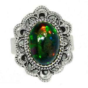 Genuine Chalama Black Opal 925 Solid Sterling Silver Wedding Ring Size 7.5 - Natural Rocks by Kala