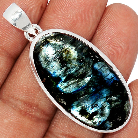 Natural Larvikite Black Moonstone 925 Solid Sterling Silver Pendant 35mm - Natural Rocks by Kala