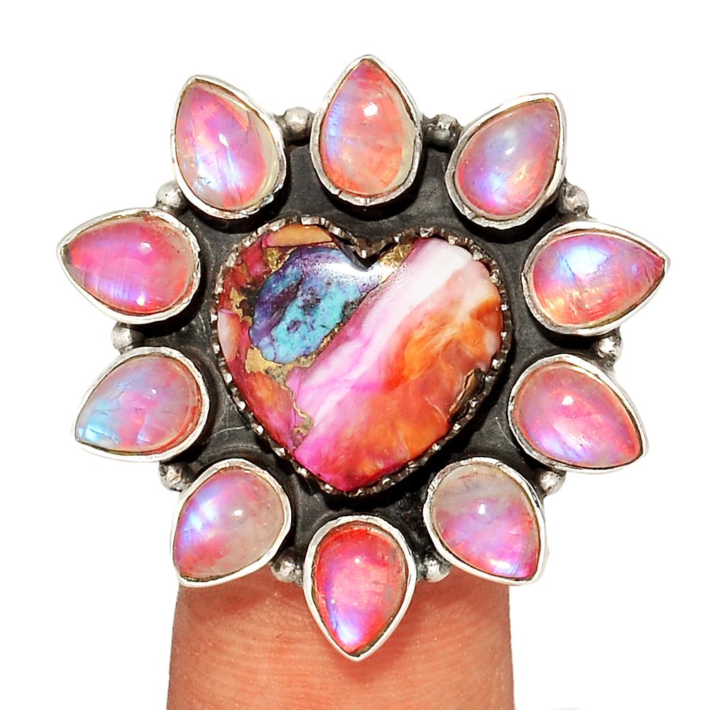 Natural Pink Moonstone, Kingman Pink Dahlia Turquoise 925 Solid Sterling Silver Ring Size 7.5 - Natural Rocks by Kala