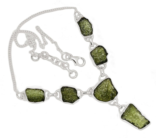 Natural Green Moldavite 925 Solid Sterling Silver Necklace 19" - Natural Rocks by Kala