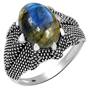 Natural Blue Labradorite 925 Sterling Silver Men's Ring Size 9, 10, 11, 12, 13 - Natural Rocks by Kala