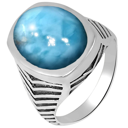 Natural Dominican Larimar 925 Solid Sterling Silver Men's Ring Size 8, 9, 10, 11, 12, 13 - Natural Rocks by Kala